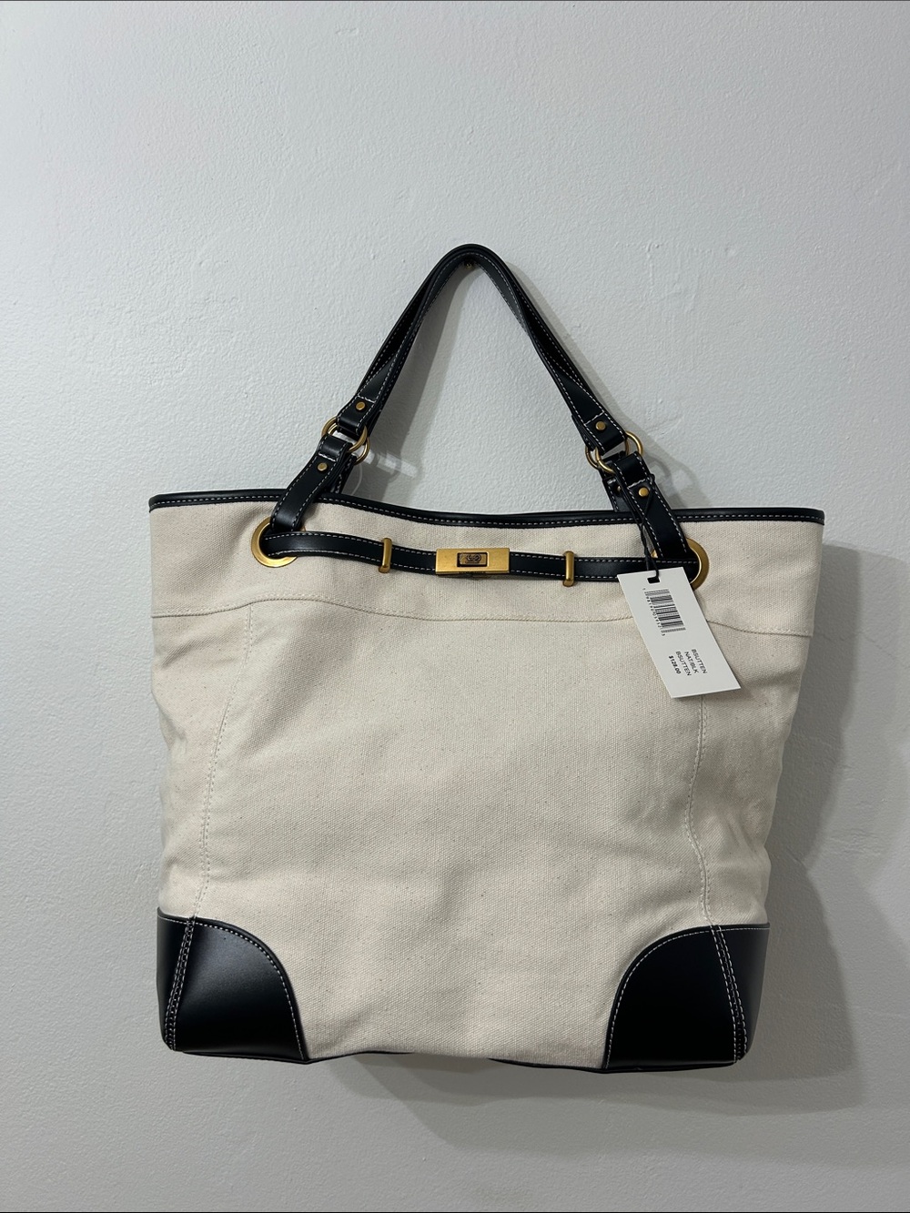 Steve Madden Cream Canvas Tote with Black Leather Trim